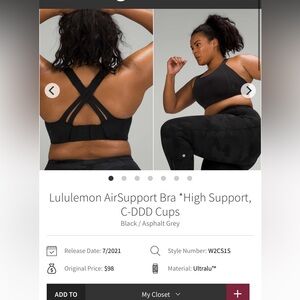187-$40 *FREE SHIPPING* Lululemon AirSupport Bra *High Support 38DD